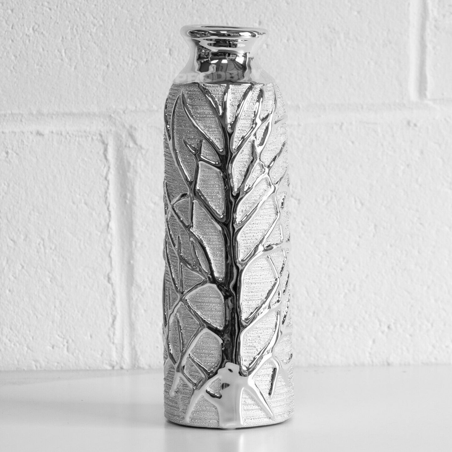 Silver Ceramic Round Vase 30cm Embossed Woodland Tree Design