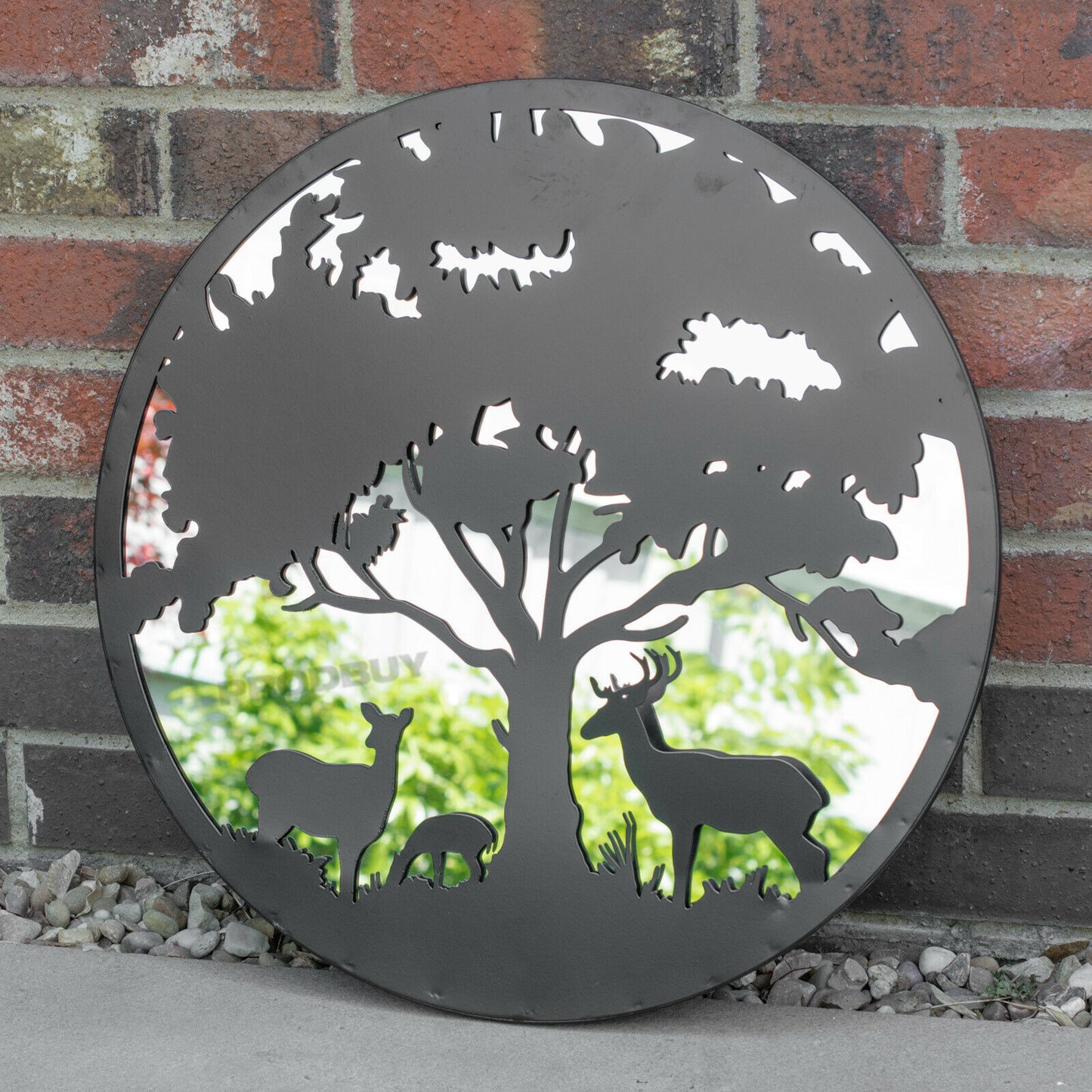 Stags & Tree Round 50cm Black Metal Garden Mirror