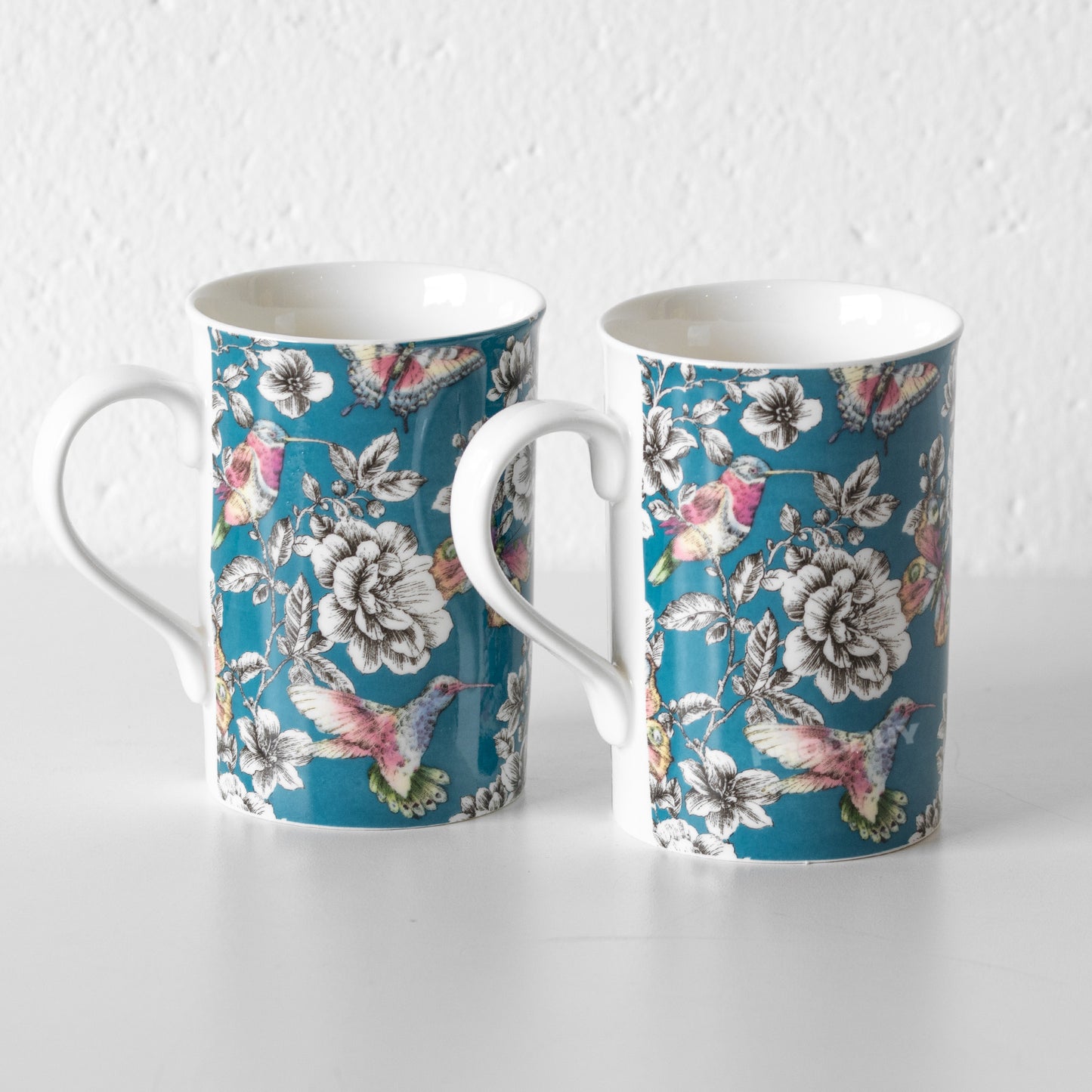 Set of 2 Teal Blue Floral Bird Coffee Mugs