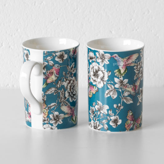 Set of 4 Teal Blue Floral Bird Coffee Mugs