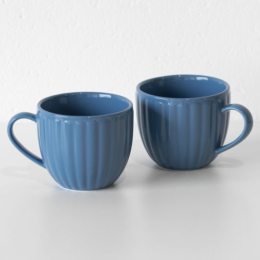 Set of 2 Large Blue Ribbed Coffee Mugs