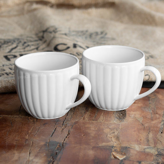 Set of 2 Large White Ribbed Coffee Mugs