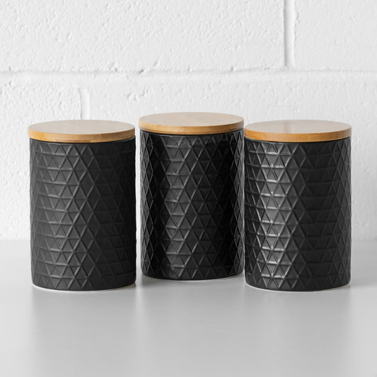 Set of 3 Black Triangle Pattern Storage Jars with Bamboo Lids