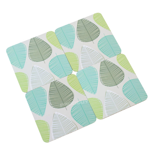 Pack of 4 Coasters Green & Blue Leaves