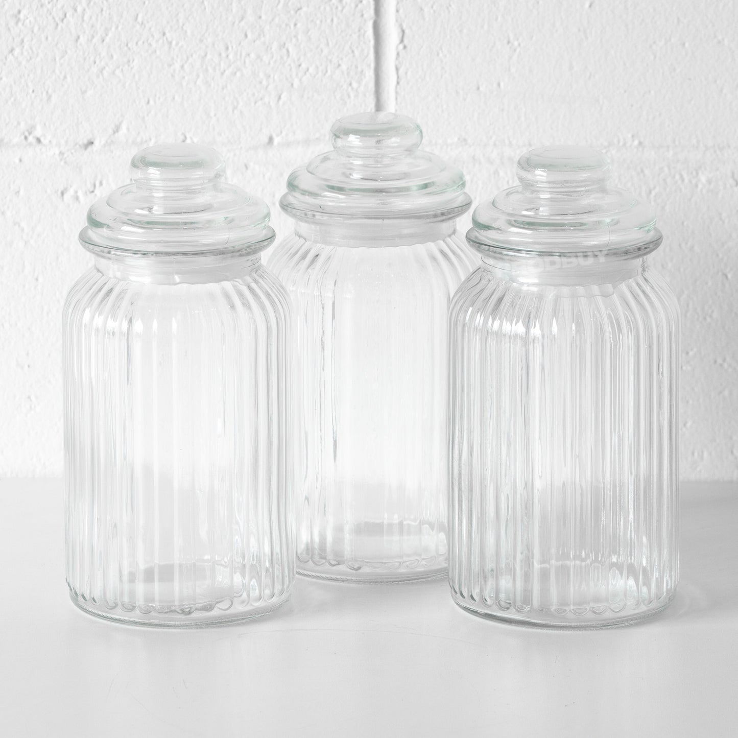 Set of 3 Ribbed Glass Tea Coffee Sugar Jars Set