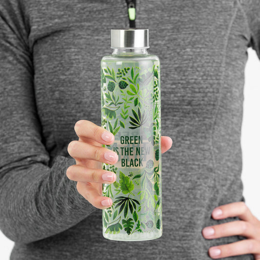 Floral Green 600ml Glass Water Drinking Bottle