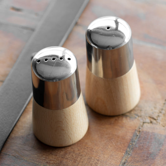 Small Wooden Metal Salt & Pepper Pots Set