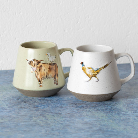 Set of 2 Country Animals Curved Coffee Mugs