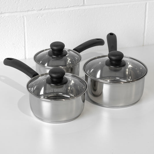 Set of 3 Stainless Steel Saucepans with Glass Lids