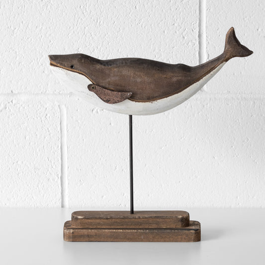 Wooden Brown & White Whale on Plinth Ornament