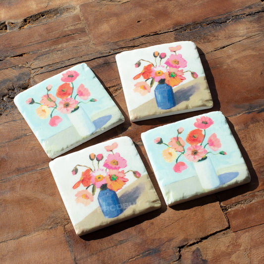 Pack of 4 Poppies In Vase Thick Resin Coasters