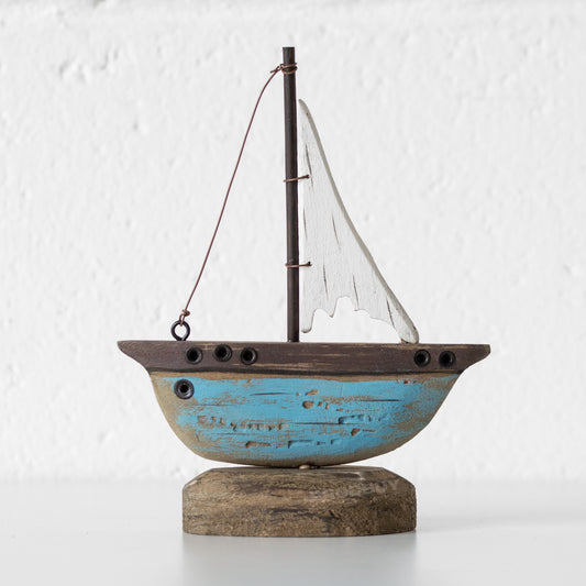 Small Rustic Wooden Blue & Brown Sailing Boat