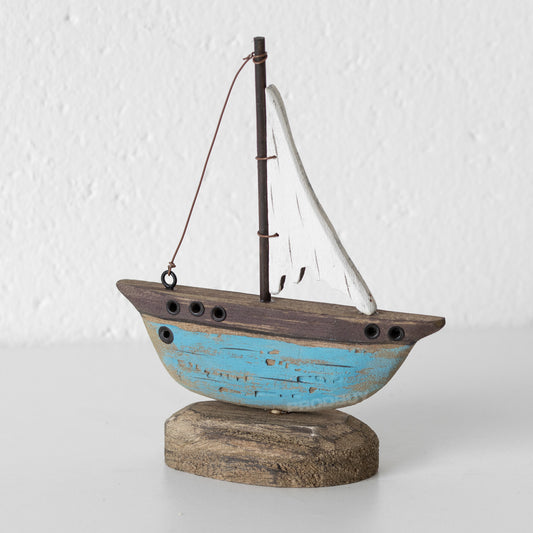 Small Rustic Wooden Blue & Brown Sailing Boat
