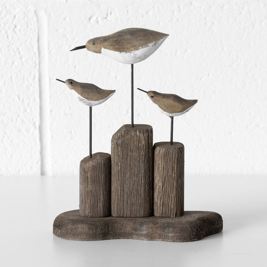 Wooden Brown & White Sandpiper Birds on Plinth Ornament