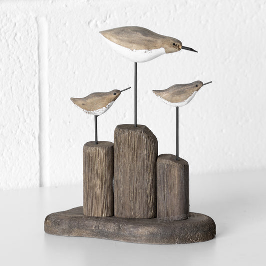 Wooden Brown & White Sandpiper Birds on Plinth Ornament