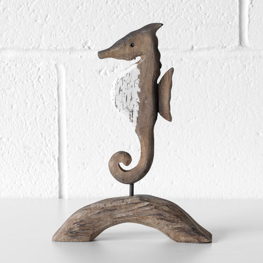 Wooden Brown & White Seahorse on Plinth Ornament