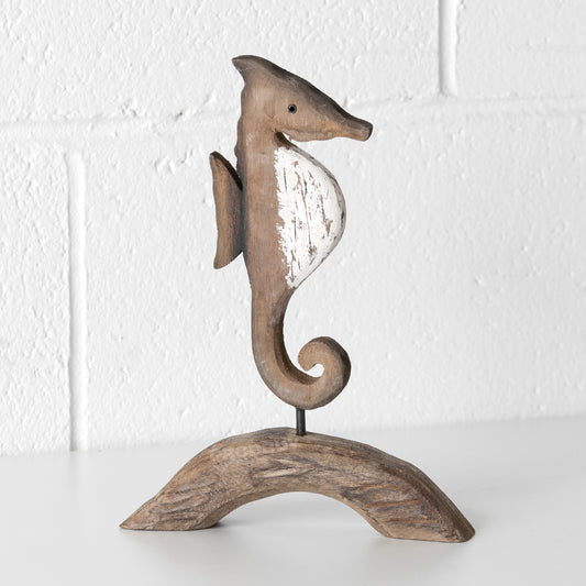 Wooden Brown & White Seahorse on Plinth Ornament