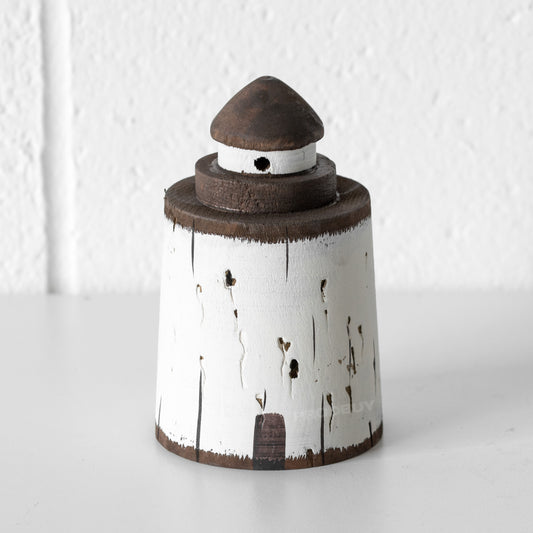 Small Wooden Brown & White Lighthouse Ornament