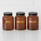 Amber Glass Tea Coffee Sugar Jars with Black Lids