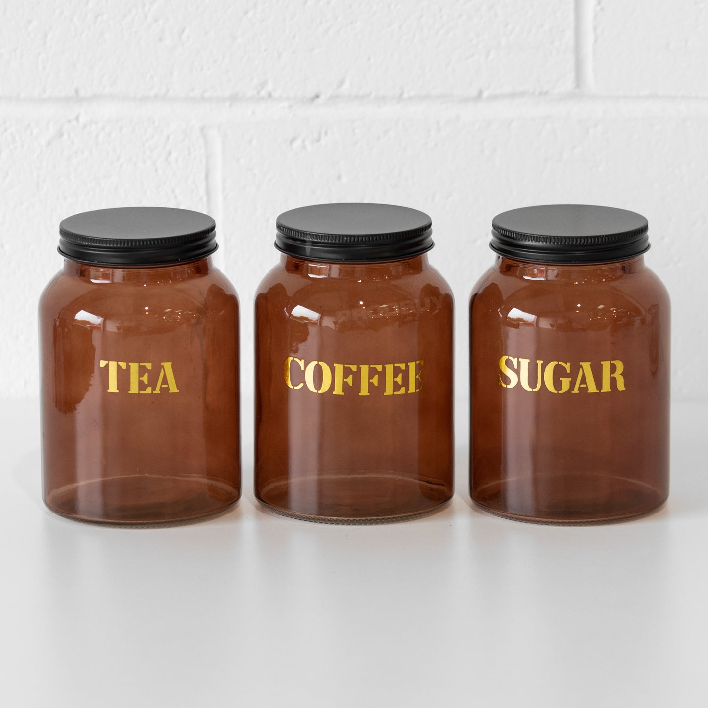 Amber Glass Tea Coffee Sugar Jars with Black Lids