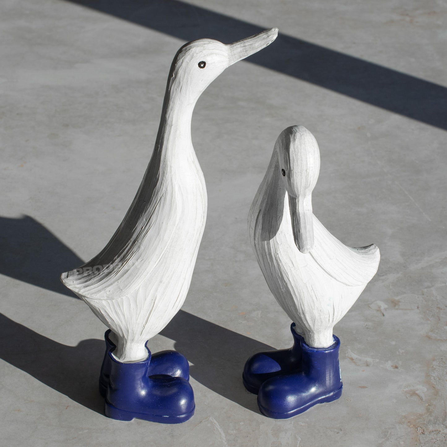 Set of 2 White Ducks In Dark Blue Boots