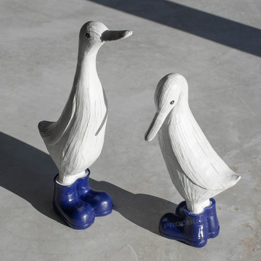 Set of 2 White Ducks In Dark Blue Boots