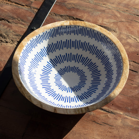 Wooden Round 25cm Bowl White & Blue Lines