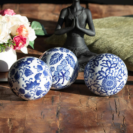 Set of 3 Blue & White Floral Deco Balls