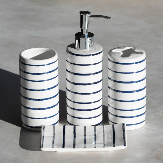 Blue & White Stripe 4 pc Bathroom Sink Accessories Set