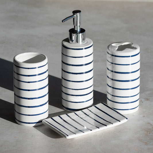 Blue & White Stripe 4 pc Bathroom Sink Accessories Set