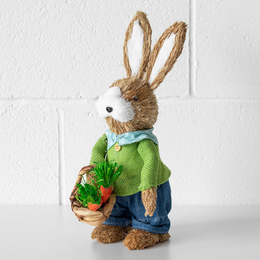 Straw Bunny Rabbit with Carrot Basket 34.5cm Ornament