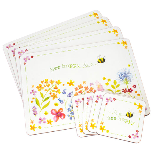 Set of 'Bee Happy' 4 Placemats & 4 Coasters