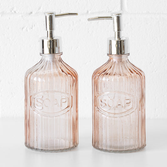 Set of 2 Salmon Pink Glass Lotion Dispensers 500ml