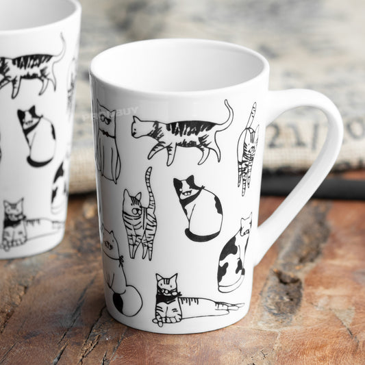 Set of 2 Tall White Latte Mugs with Black Cat Print