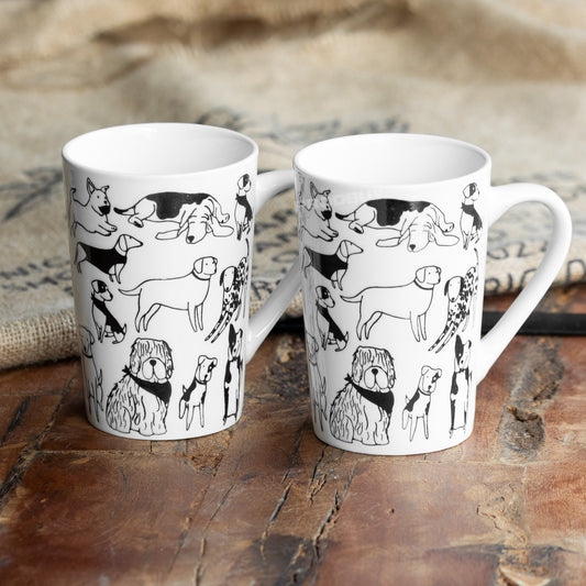 Set of 2 Tall White Latte Mugs with Black Dog Print