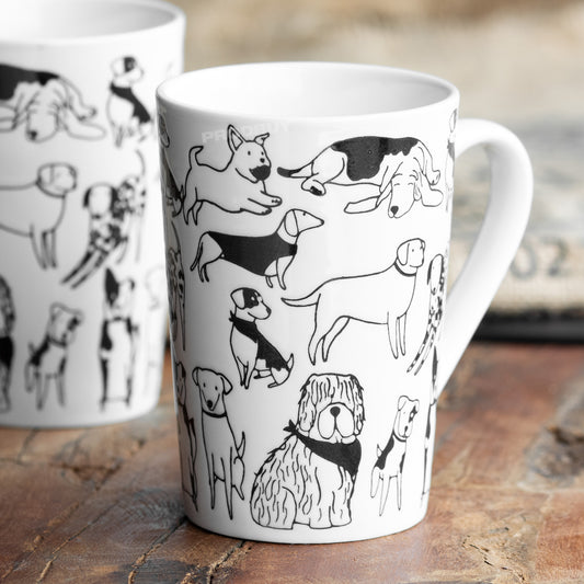 Set of 2 Tall White Latte Mugs with Black Dog Print