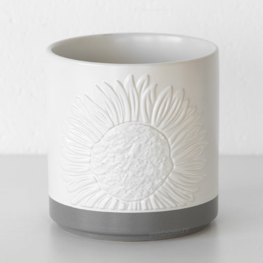 Sunflower White & Grey 13cm Ceramic Plant Pot Cover