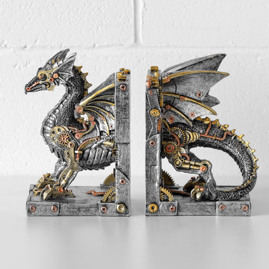 Pair of Silver Resin Steampunk Dragon Bookends