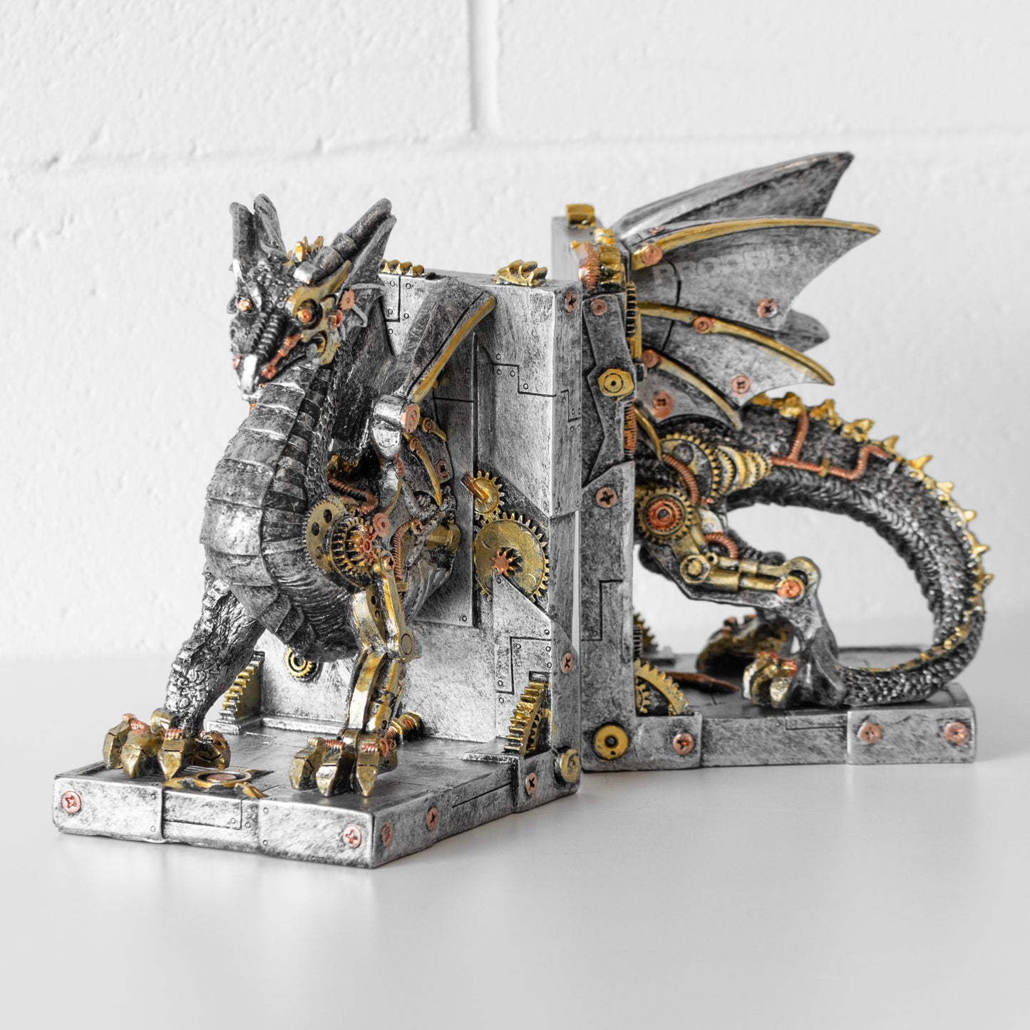 Pair of Silver Resin Steampunk Dragon Bookends