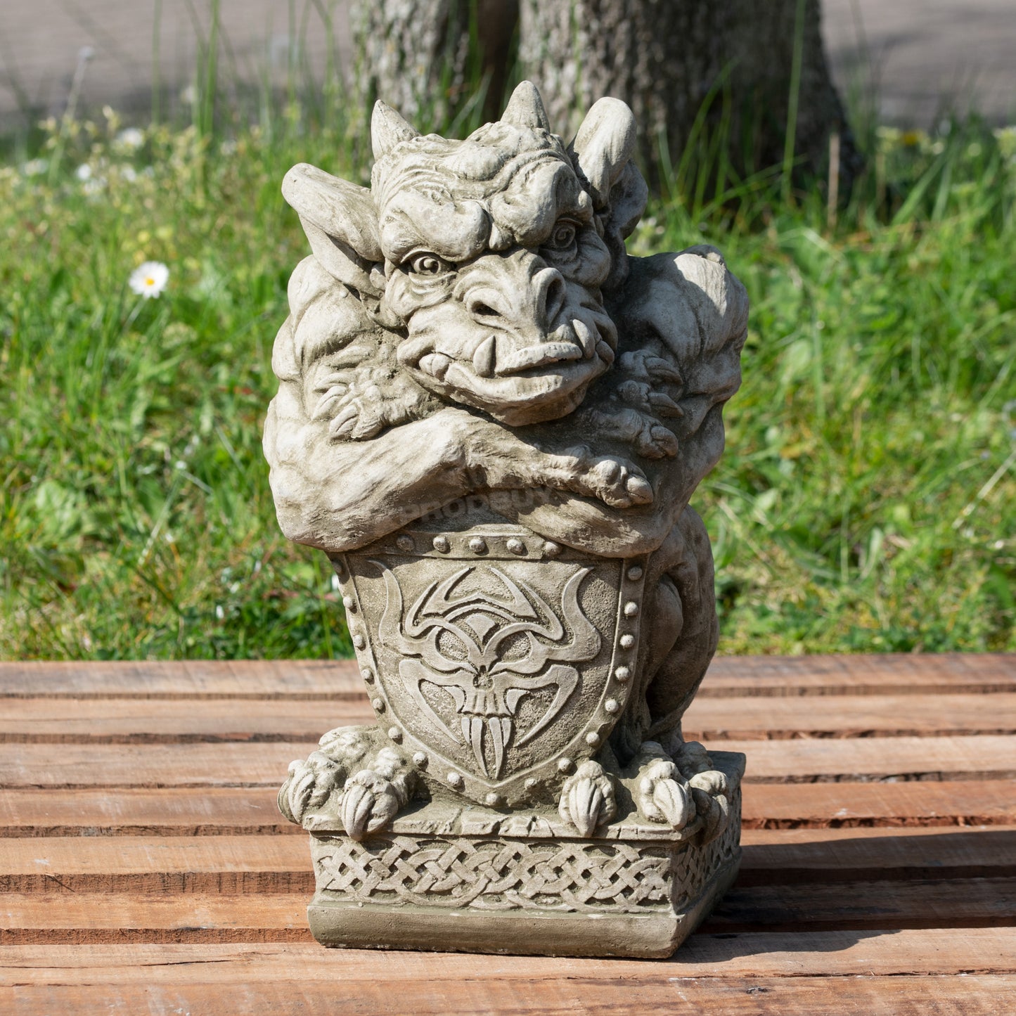 Heavy Stone Gargoyle with Shield Garden Statue 20kg