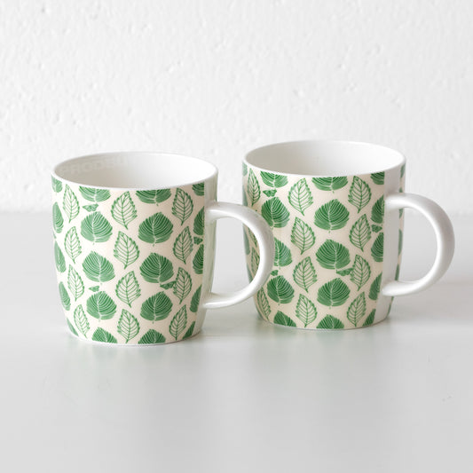 Set of 400ml Green & White Leaves Barrel Mugs
