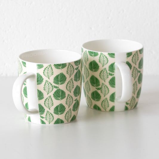 Set of 400ml Green & White Leaves Barrel Mugs