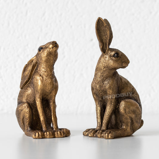 Set of 2 Small Bronze Resin Hare Ornaments