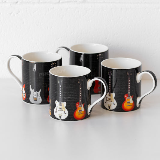 Set of 4 Black & White Guitar Coffee Mugs