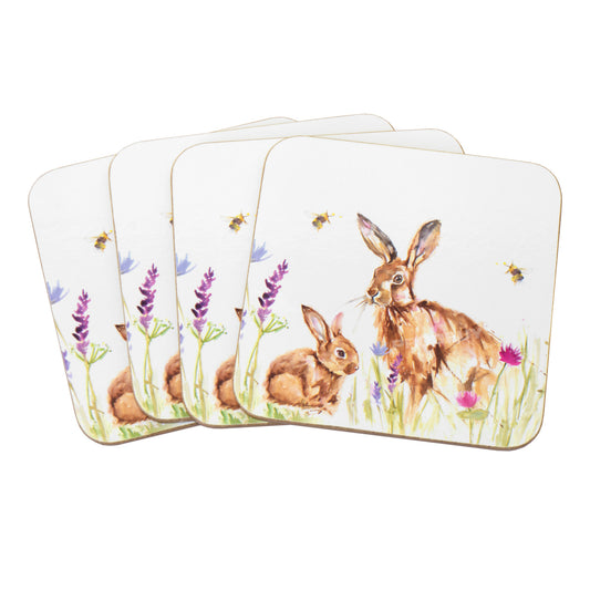 Pack of 4 Coasters with Floral Hares
