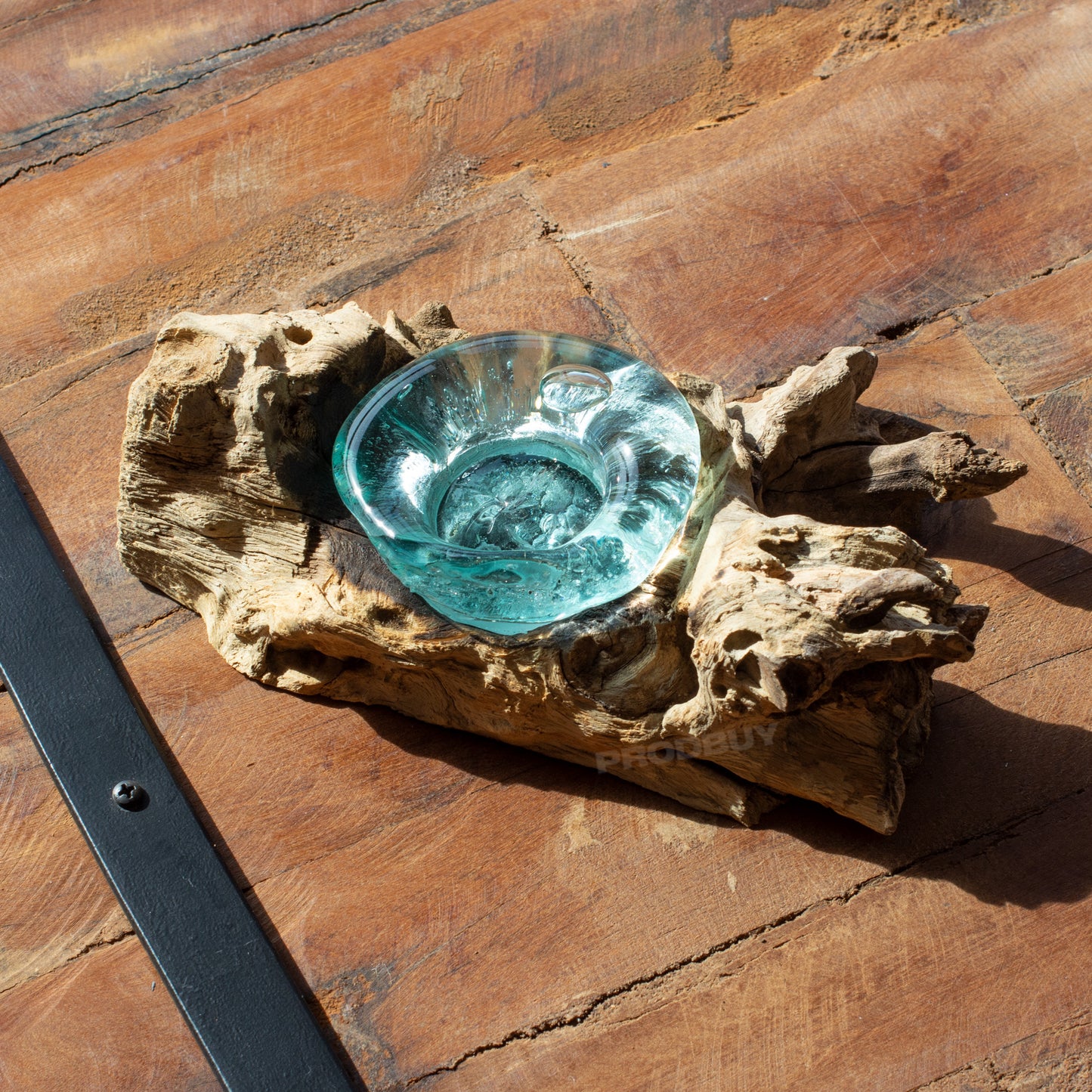Molten Glass Tealight Candle Holder on Teak Root Wood