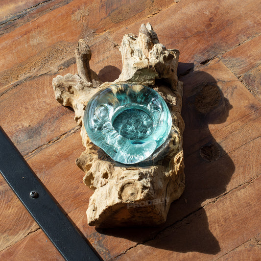 Molten Glass Tealight Candle Holder on Teak Root Wood