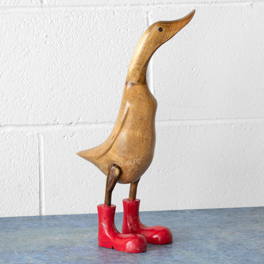 Large Teak Wood Duck Sculpture with Red Boots