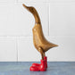 Large Teak Wood Duck Sculpture with Red Boots