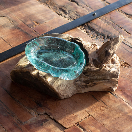 Molten Glass Oval Soap Dish on Teak Root Wood Base